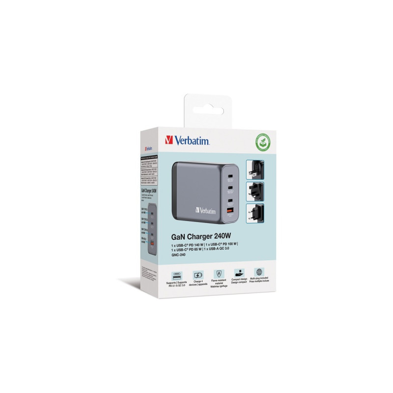 Verbatim GaN-Ladegerät 240W, 1x USB-A , 3x USB-C(grau, PD 3.0, QC 3.0)