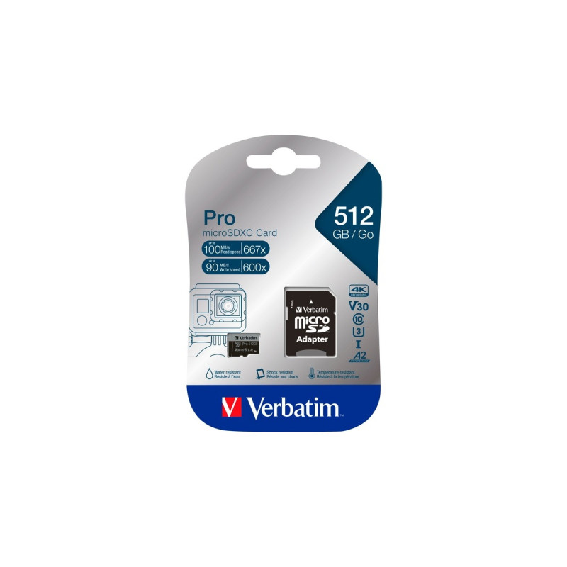 Verbatim Pro U3 512GB microSDXC, Speicherkarte(schwarz, Class 10, UHS-I (U3), V30, 4K UHD)