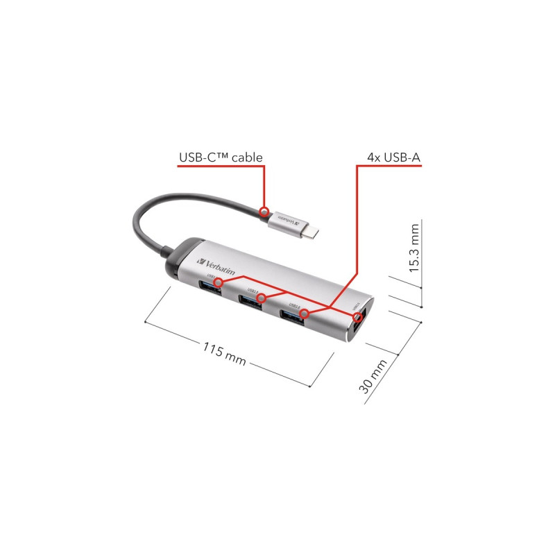 Verbatim USB-C Multiport-Hub 4xUSB 3.2, USB-Hub(silber)
