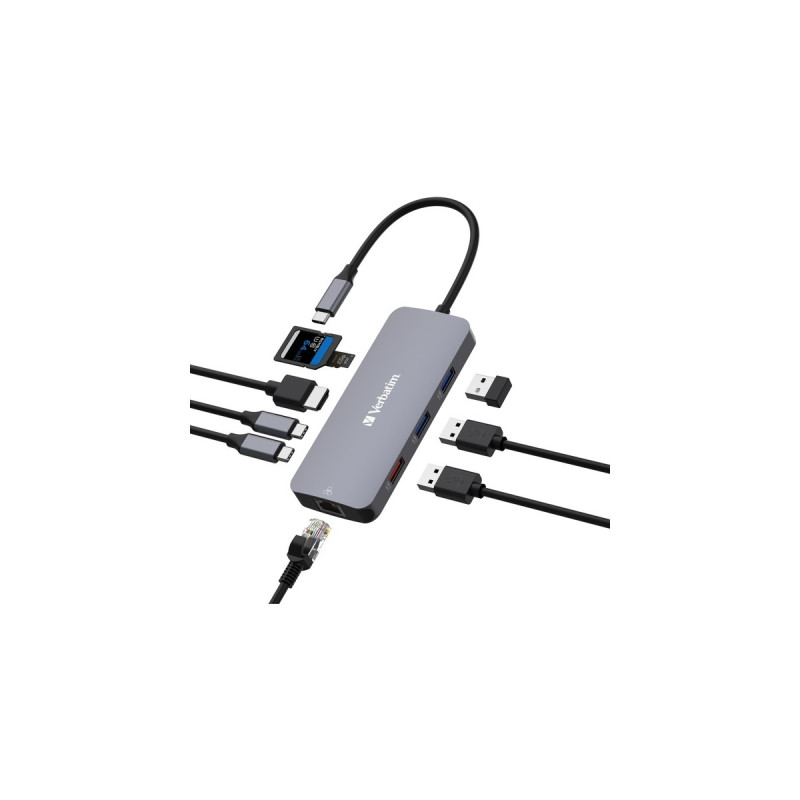 Verbatim USB-C Pro Multiport-Hub CMH-09, 9 Port , Dockingstation(grau, HDMI, RJ-45, 3x USB-A, 2x USB-C, PD, SD, microSD)