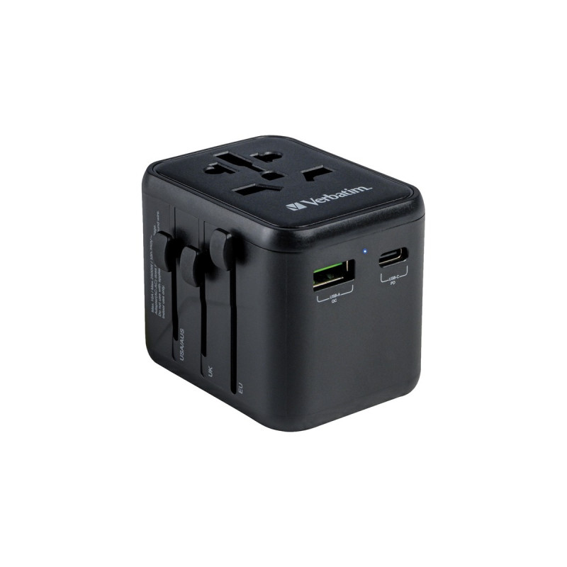 Verbatim Universal-Reiseadapter UTA-02, Reisestecker(schwarz, 1x USB-A, 1x USB-C)