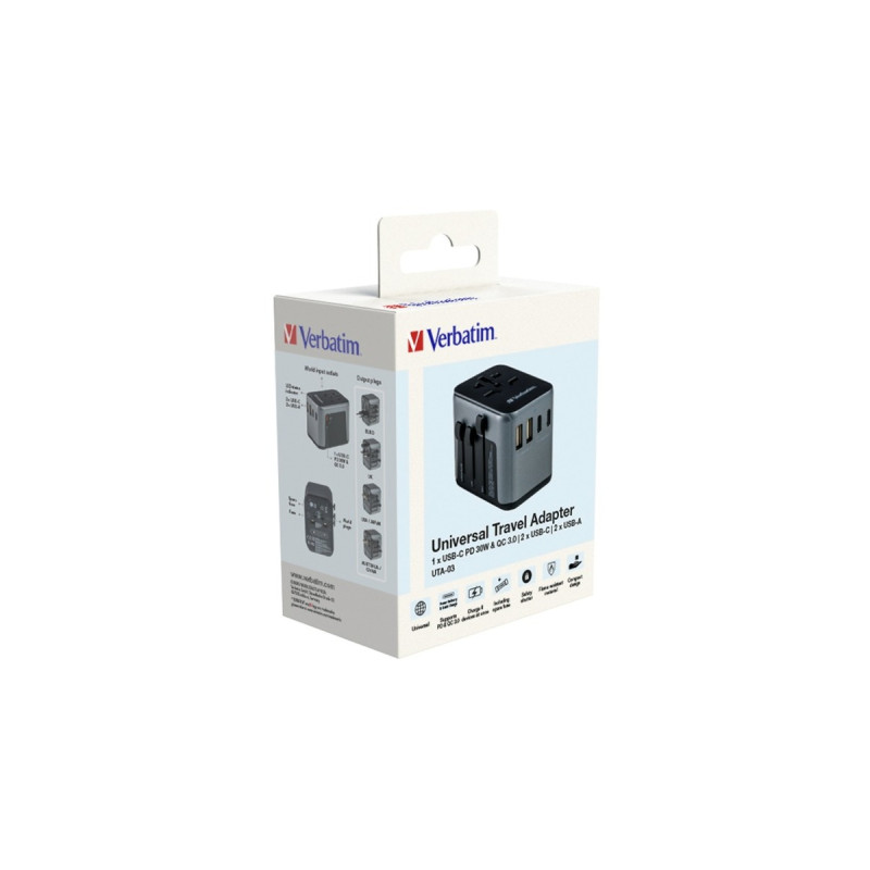 Verbatim Universal-Reiseadapter UTA-03, Reisestecker(schwarz/silber, 2x USB-A, 3x USB-C)