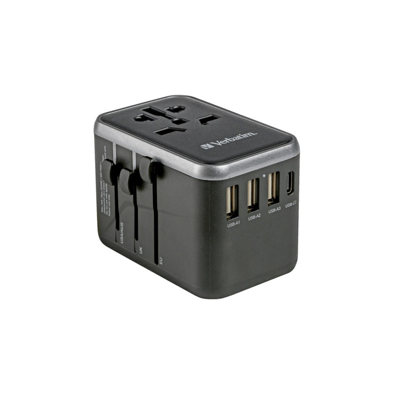Verbatim Universal-Reiseadapter UTA-04, Reisestecker(schwarz/silber, 3x USB-A, 2x USB-C)
