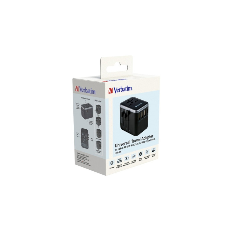 Verbatim Universal-Reiseadapter UTA-04, Reisestecker(schwarz/silber, 3x USB-A, 2x USB-C)