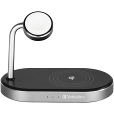 Verbatim Wireless 3-in-1 Ladeständer WCS-02, Qi, MFi, Ladestation(schwarz/aluminium, für Apple Watch, iPhone u.a.)