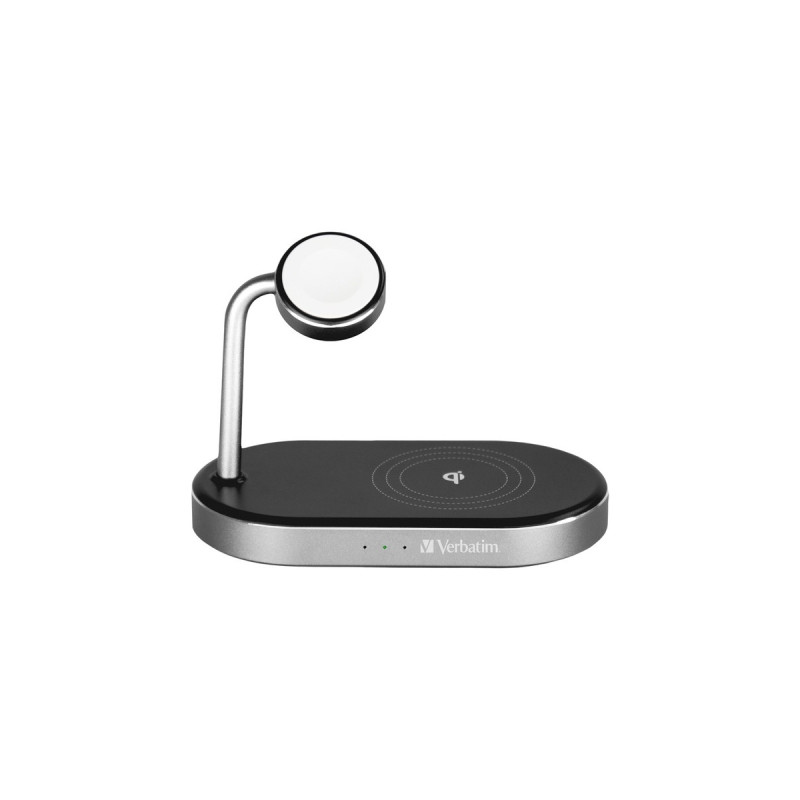 Verbatim Wireless 3-in-1 Ladeständer WCS-02, Qi, MFi, Ladestation(schwarz/aluminium, für Apple Watch, iPhone u.a.)