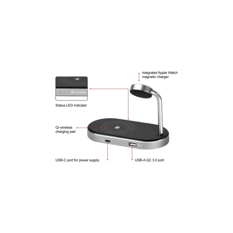 Verbatim Wireless 3-in-1 Ladeständer WCS-02, Qi, MFi, Ladestation(schwarz/aluminium, für Apple Watch, iPhone u.a.)