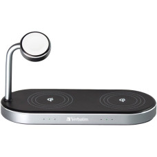 Verbatim Wireless 3-in-1 Ladeständer WCS-03, Qi, MFi, Ladestation(schwarz/aluminium, für Apple Watch, iPhone u.a.)