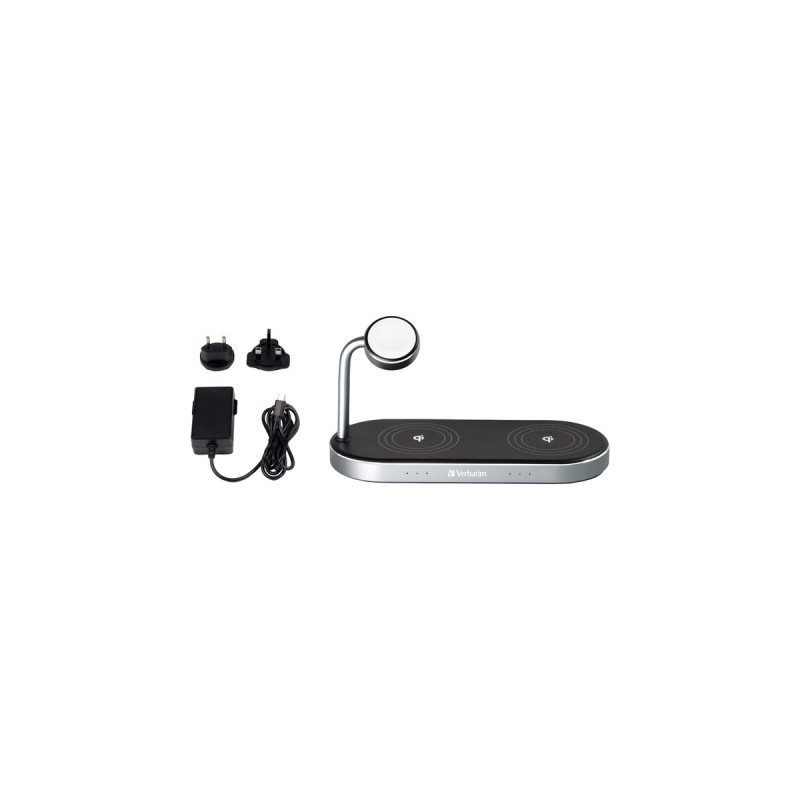Verbatim Wireless 3-in-1 Ladeständer WCS-03, Qi, MFi, Ladestation(schwarz/aluminium, für Apple Watch, iPhone u.a.)