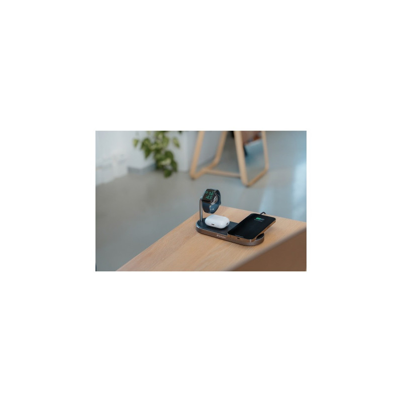Verbatim Wireless 3-in-1 Ladeständer WCS-03, Qi, MFi, Ladestation(schwarz/aluminium, für Apple Watch, iPhone u.a.)