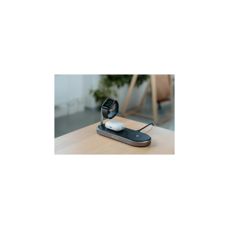 Verbatim Wireless 3-in-1 Ladeständer WCS-03, Qi, MFi, Ladestation(schwarz/aluminium, für Apple Watch, iPhone u.a.)