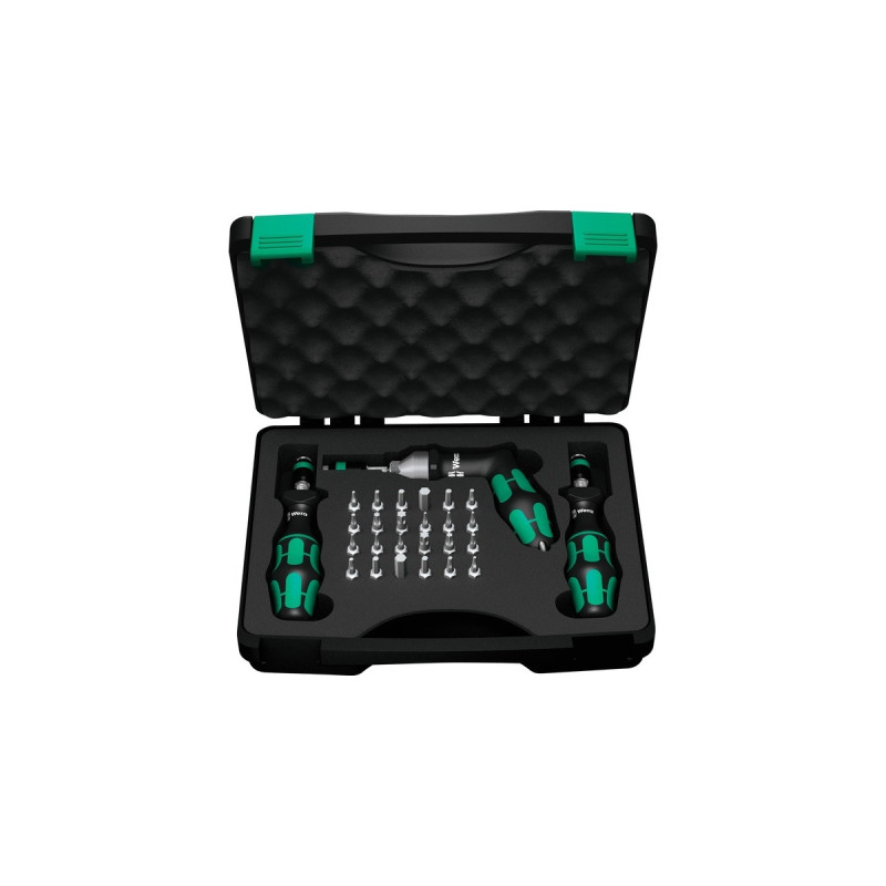 Wera 7440/41/42 Kraftform Drehmomentschraubendreher-Satz 0,3-6,0Nm(schwarz/grün, 27-teilig, mit Rapidaptor Schnellwechselfutter)