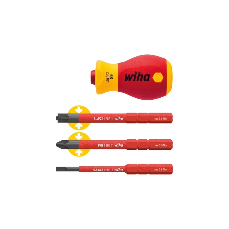 Wiha Schraubendreher mit Bithalter-Set SoftFinish electric slimVario, 4-teilig(rot/gelb, Stubby mit slimBits)