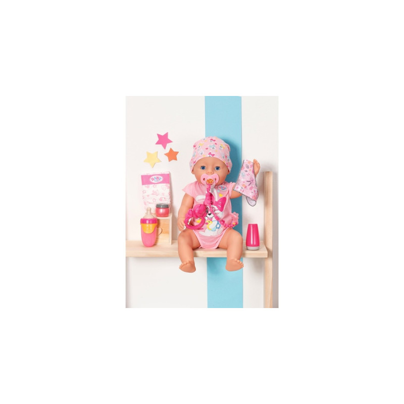 ZAPF Creation BABY born® Accessoires Set, Puppenzubehör(Magic Eyes Schnuller mit Schnullerkette, Windel, Spielring, Puderdose, Cremetube, Flasche und Halstuch.)