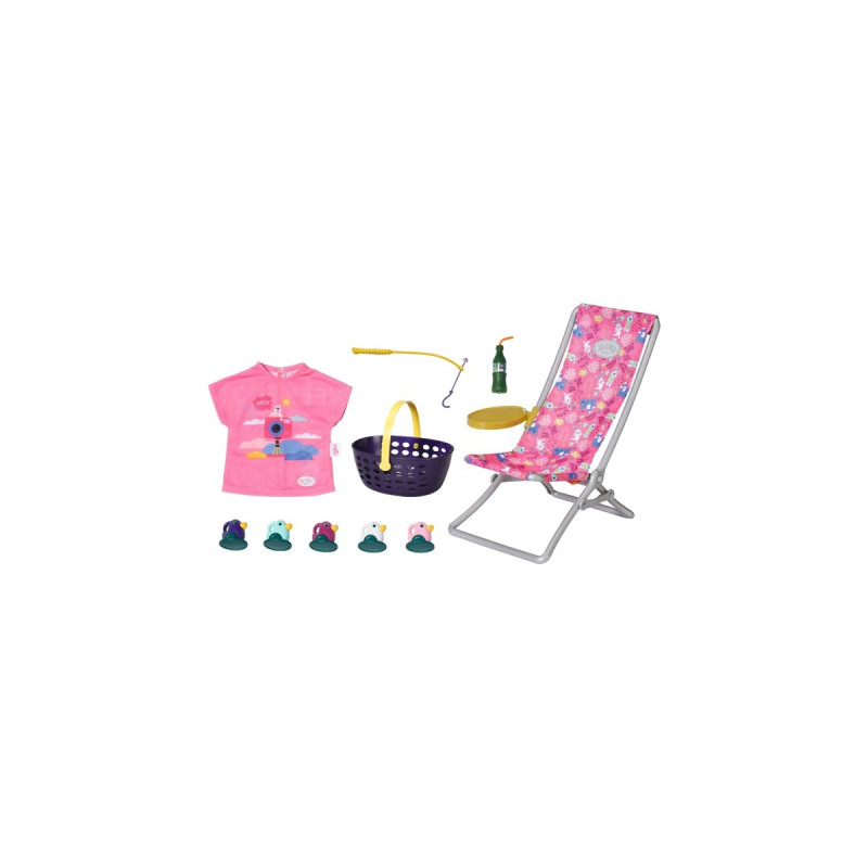 ZAPF Creation BABY born® Weekend Fischen, Puppenzubehör(Kleid, Liegestuhl mit Tischchen, Limoflasche, Korb, 5 Enten und Angel)