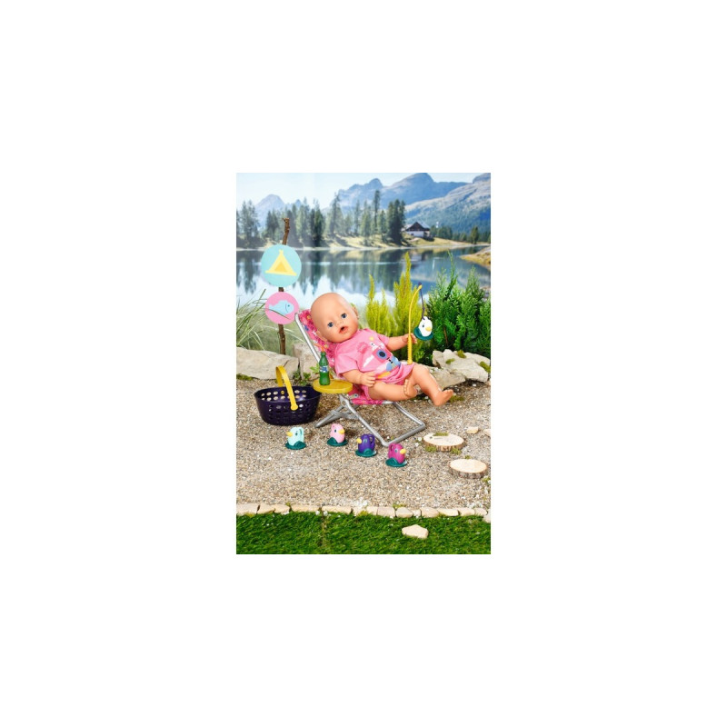 ZAPF Creation BABY born® Weekend Fischen, Puppenzubehör(Kleid, Liegestuhl mit Tischchen, Limoflasche, Korb, 5 Enten und Angel)