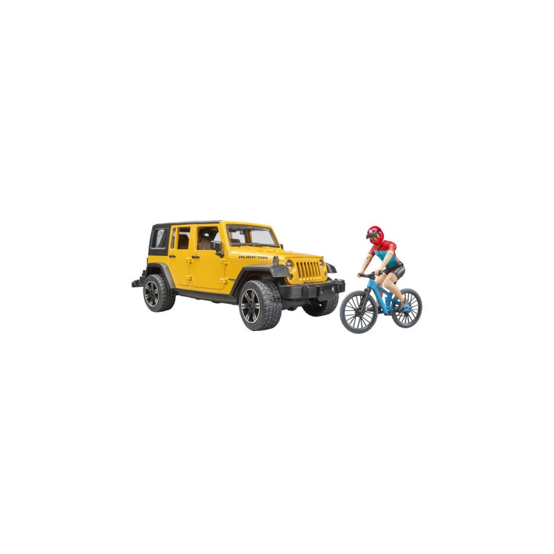 bruder Jeep Wrangler Rubicon Unlimited, Modellfahrzeug(gelb/schwarz, Inkl. Mountainbike und Radfahrer)