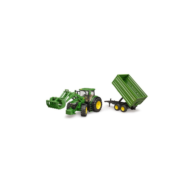 bruder John Deere 7R 350 mit Frontlader und Tandemachstransportanhänger, Modellfahrzeug(grün)