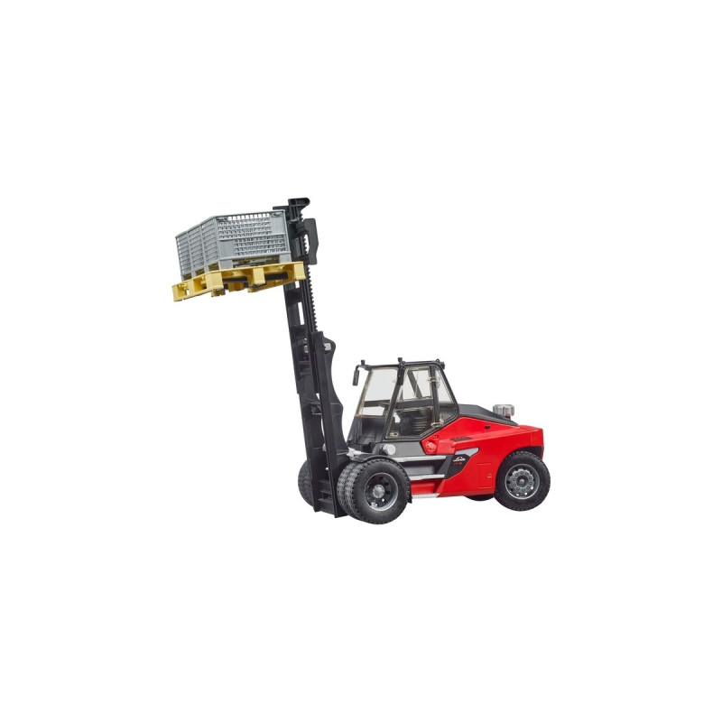 bruder Linde HT160 Stapler mit Palette, Modellfahrzeug(rot/schwarz, Inkl. 3 Gitterboxen)