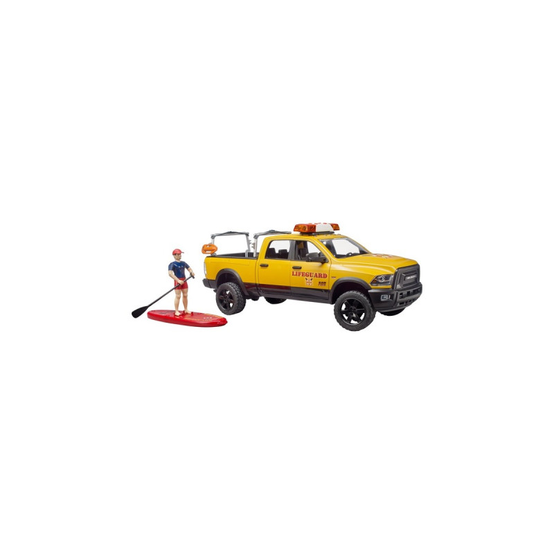 bruder RAM 2500 Power Wagon Life Guard, Modellfahrzeug(gelb/schwarz, Inkl. Figur, Stand Up Paddle und Light & Sound Modul)