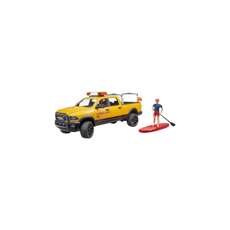 bruder RAM 2500 Power Wagon Life Guard, Modellfahrzeug(gelb/schwarz, Inkl. Figur, Stand Up Paddle und Light & Sound Modul)