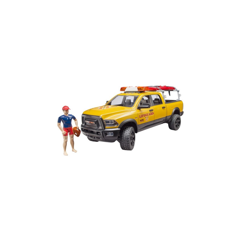 bruder RAM 2500 Power Wagon Life Guard, Modellfahrzeug(gelb/schwarz, Inkl. Figur, Stand Up Paddle und Light & Sound Modul)