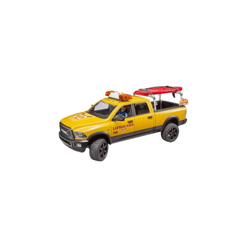 bruder RAM 2500 Power Wagon Life Guard, Modellfahrzeug(gelb/schwarz, Inkl. Figur, Stand Up Paddle und Light & Sound Modul)