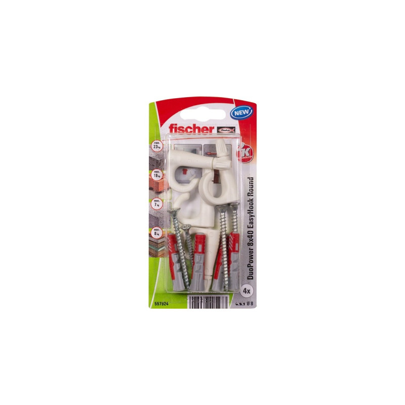 fischer EasyHook Round DuoPower 8x40, Dübel(weiß, 4 Stück, mit EasyHook Rundhaken)