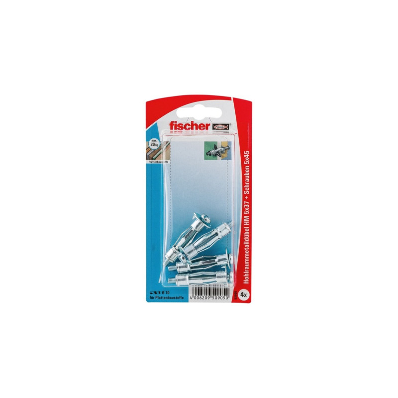 fischer Hohlraum-Metalldübel HM 5x37 S K(silber, 4 Stück, mit Schraube)