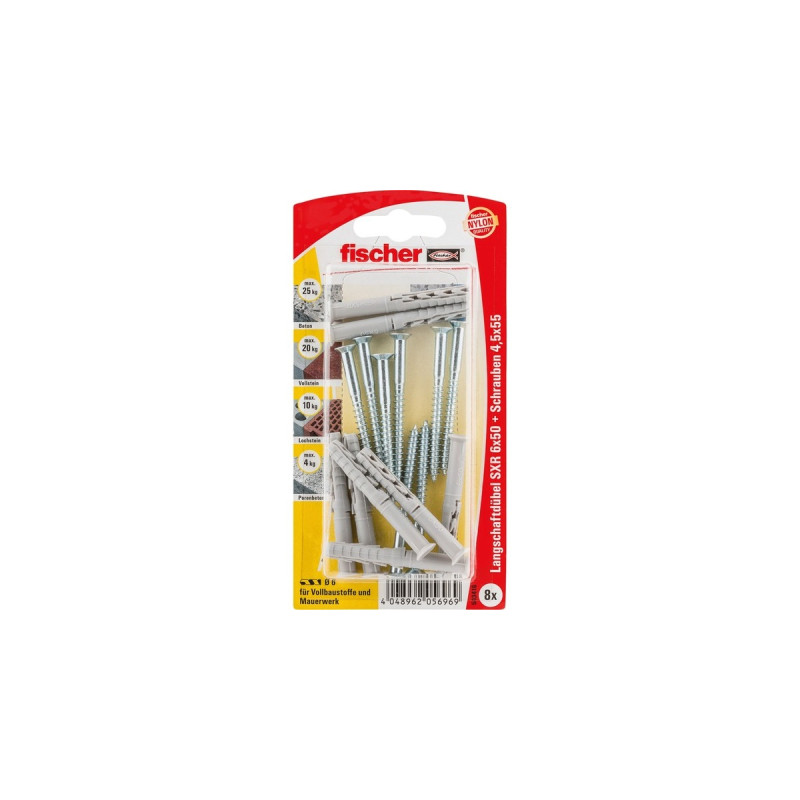 fischer Langschaftdübel SXR 6x50 Z K(hellgrau, 8 Stück, mit Schraube)