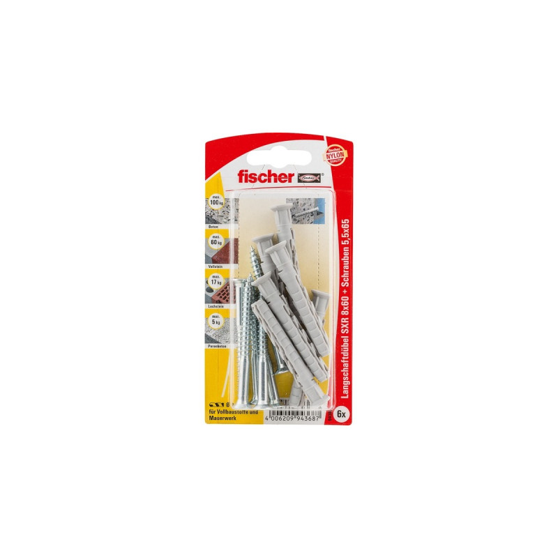 fischer Langschaftdübel SXR 8x60 Z K(hellgrau, 6 Stück, mit Schraube)