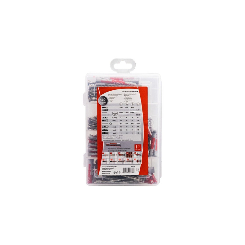 fischer Praktische Helfer Outdoor & Feuchtraum, Edelstahl, Dübel(hellgrau/rot, 130-teilig)