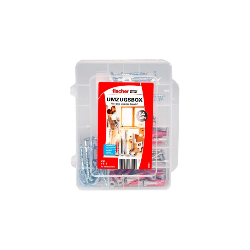 fischer Umzugsbox DUOPOWER 6,8, Dübel(hellgrau/rot, 64-teilig, mit Schrauben)