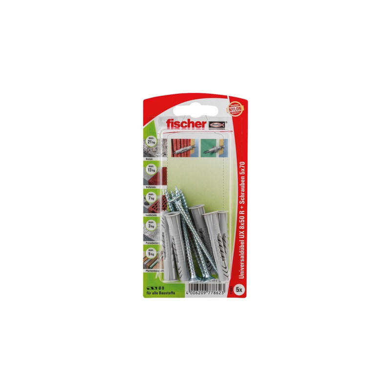 fischer Universaldübel UX 8x50 R S K(hellgrau, 5 Stück, mit Schraube)