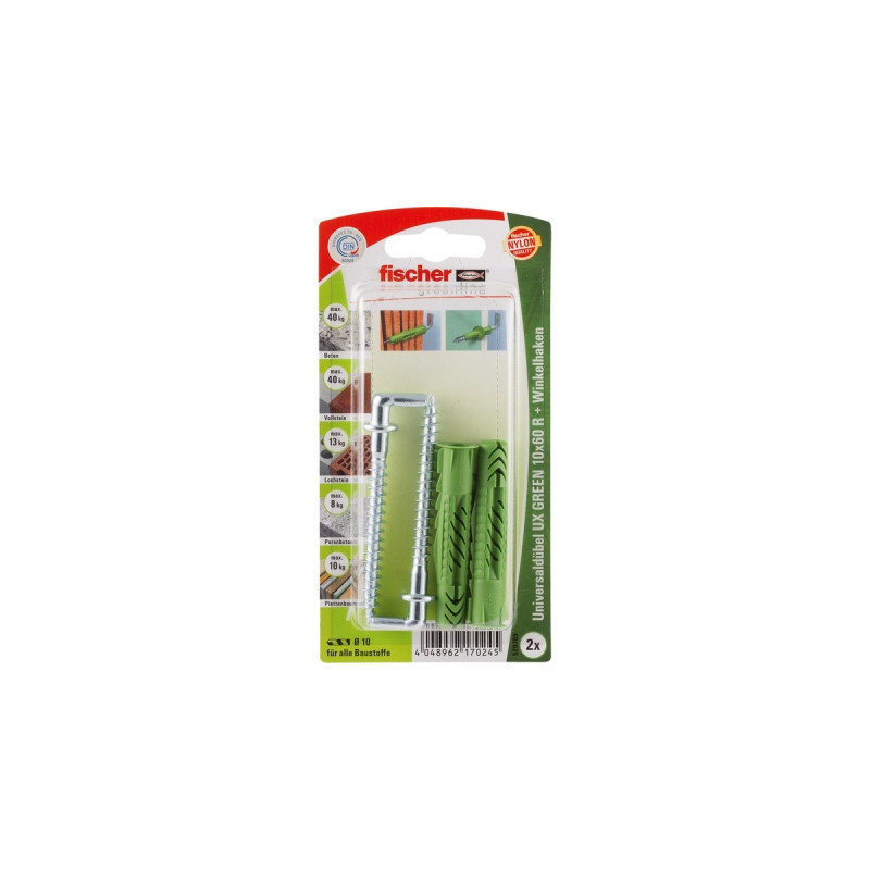 fischer Universaldübel UX GREEN 10x60 R WH K(grün, 2 Stück, mit Winkelhaken)