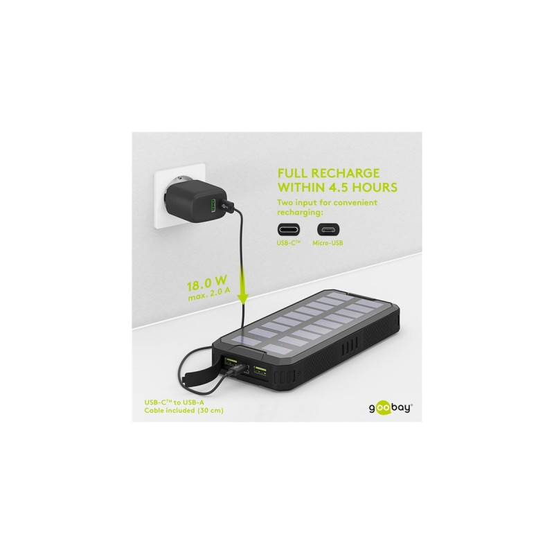 goobay Outdoor Schnelllade-Powerbank 20.000 mAh mit Solar(schwarz, USB-C PD, QC 3.0)