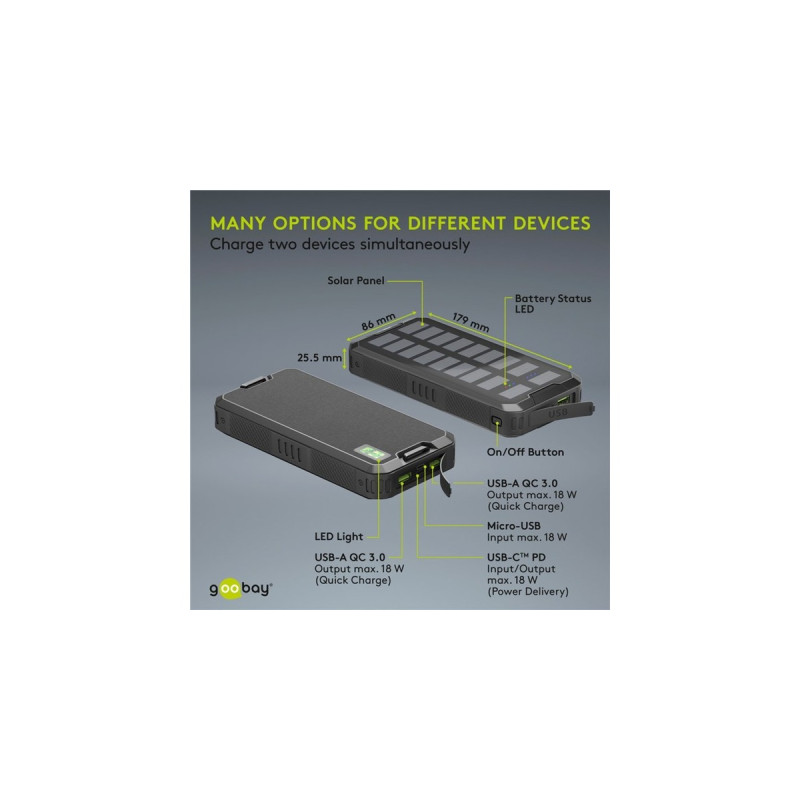 goobay Outdoor Schnelllade-Powerbank 20.000 mAh mit Solar(schwarz, USB-C PD, QC 3.0)
