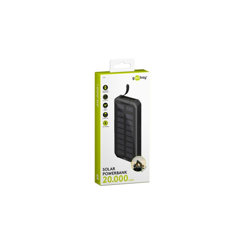 goobay Outdoor Schnelllade-Powerbank 20.000 mAh mit Solar(schwarz, USB-C PD, QC 3.0)