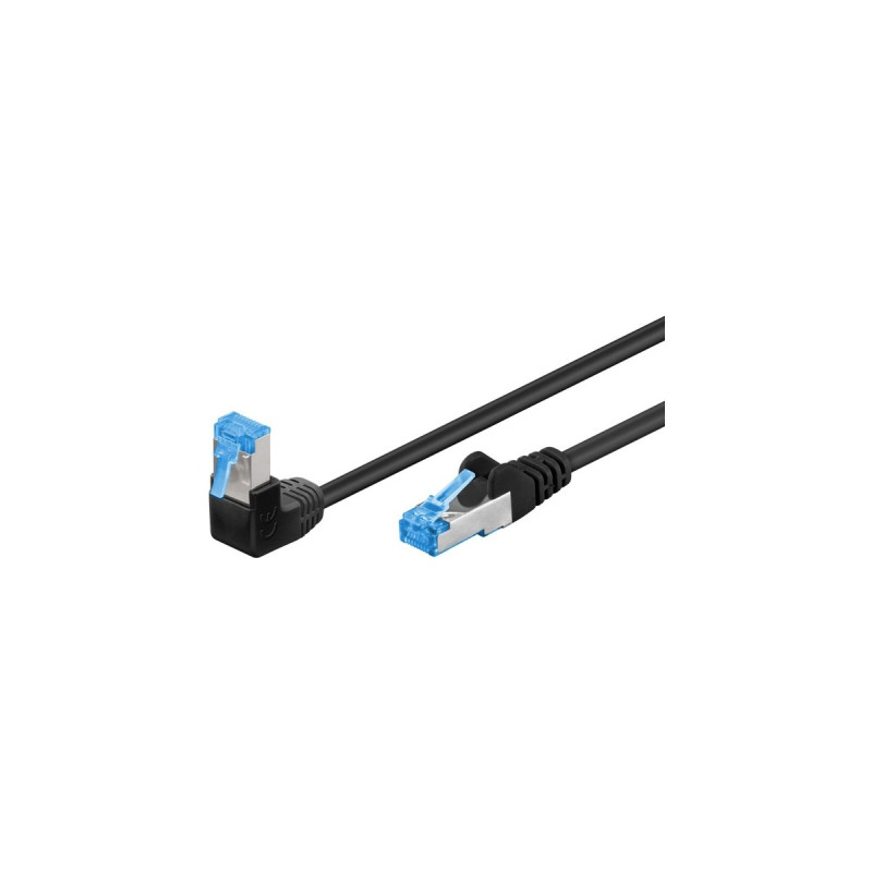 goobay Patchkabel Cat.6a S/FTP (PiMF), 1x 90° gewinkelt(schwarz, 0,5 Meter, doppelt geschirmt)