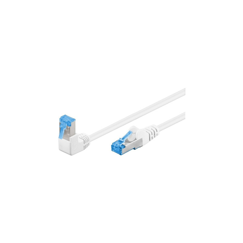 goobay Patchkabel Cat.6a S/FTP (PiMF), 1x 90° gewinkelt(weiß, 0,5 Meter, doppelt geschirmt)