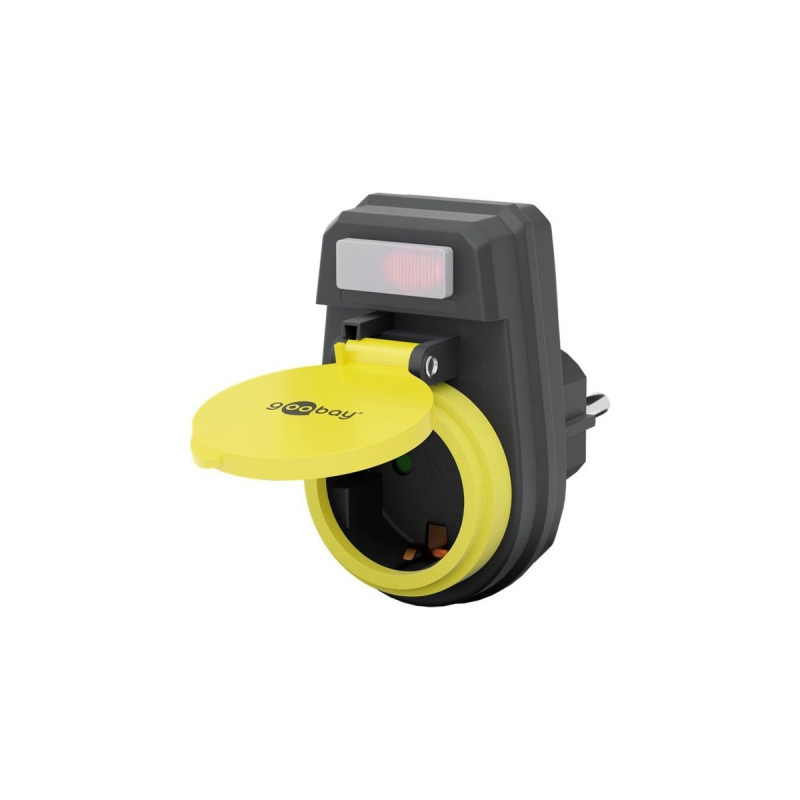 goobay Steckdosenadapter mit Schalter, 1-fach(schwarz/gelb, spritzwassergeschützt)