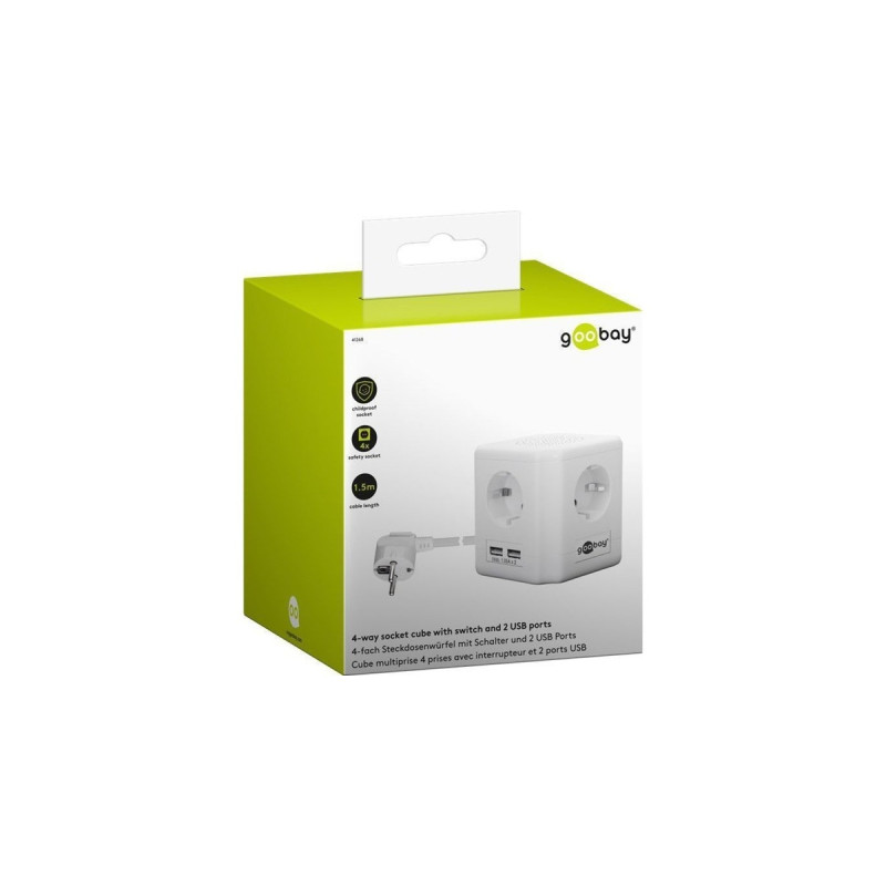 goobay Steckdosenwürfel 4-fach, 2x USB, mit Schalter, Steckdosenleiste(weiß, 1,5 Meter, Überspannungsschutz)