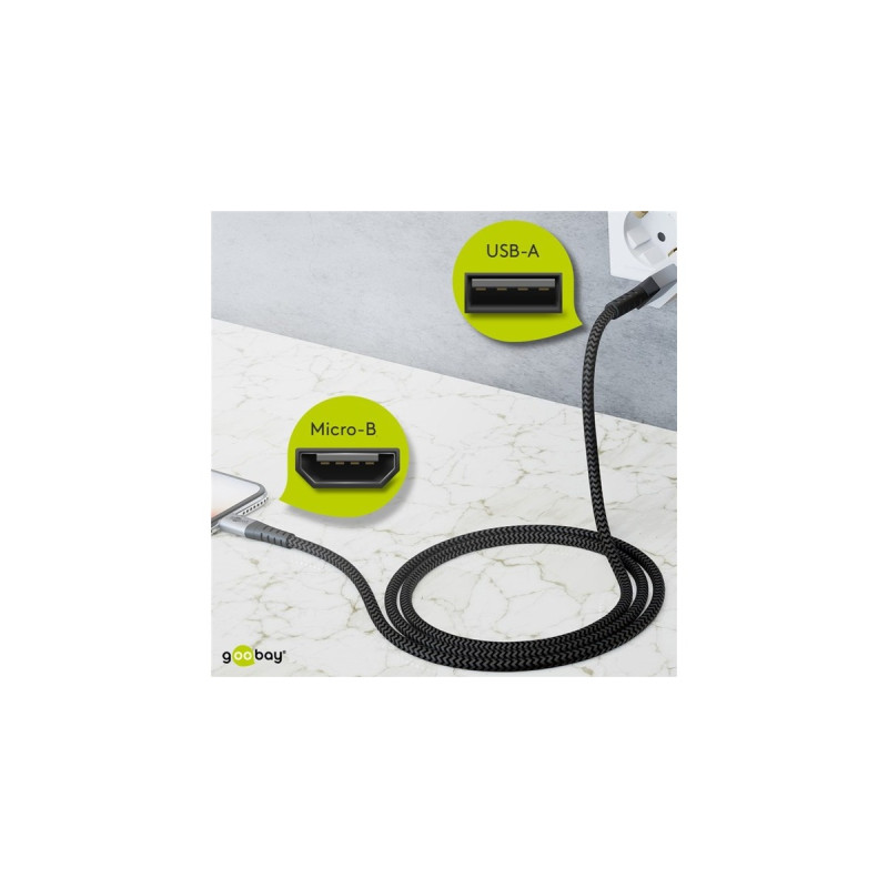 Micro-USB Stecker(grau/silber, 1 Meter, gesleevt, Metallstecker)