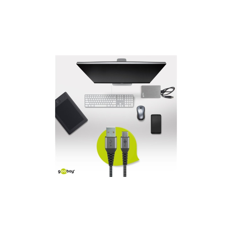 USB-C Stecker(grau/silber, 1 Meter, Textilkabel mit Metallsteckern)