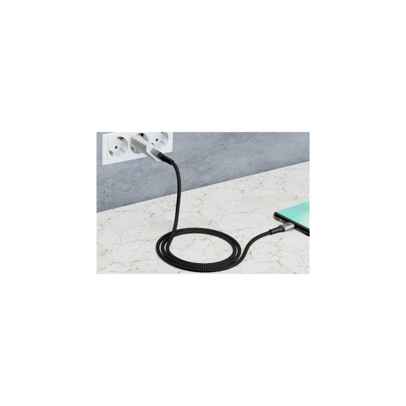 USB-C Stecker(grau/silber, 2 Meter, Textilkabel mit Metallsteckern)