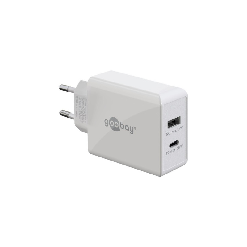 goobay USB-C PD Dual-Schnellladegerät 30 Watt(weiß, 1x USB-A, 1x USB-C PD)