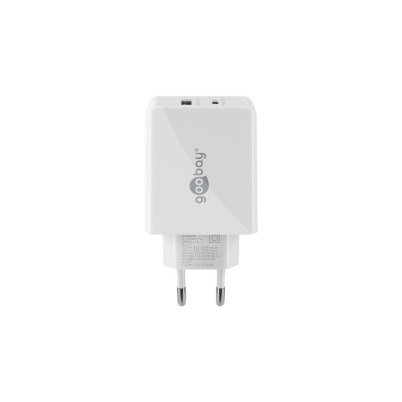 goobay USB-C PD Dual-Schnellladegerät 30 Watt(weiß, 1x USB-A, 1x USB-C PD)