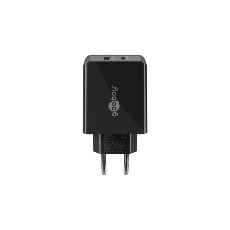 goobay USB-C PD Dual-Schnellladegerät 30 Watt(schwarz, 1x USB-A, 1x USB-C PD)