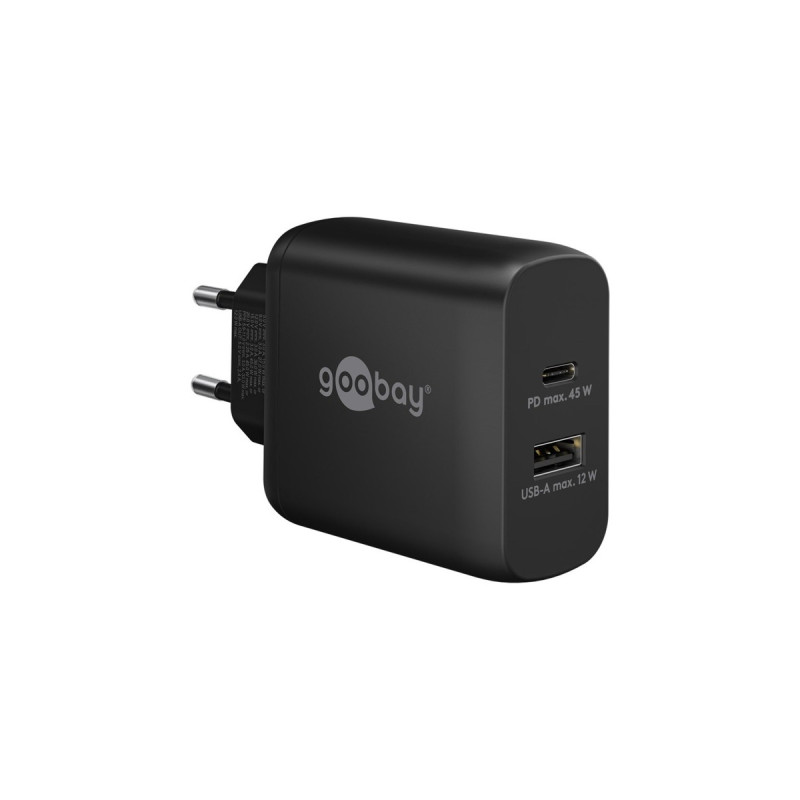 goobay USB-C PD Dual-Schnellladegerät 45 Watt(schwarz, 1x USB-A, 1x USB-C PD, GaN-Technologie)