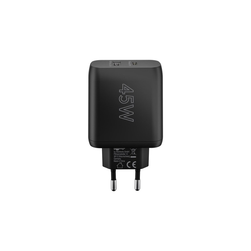 goobay USB-C PD Dual-Schnellladegerät 45 Watt(schwarz, 1x USB-A, 1x USB-C PD, GaN-Technologie)